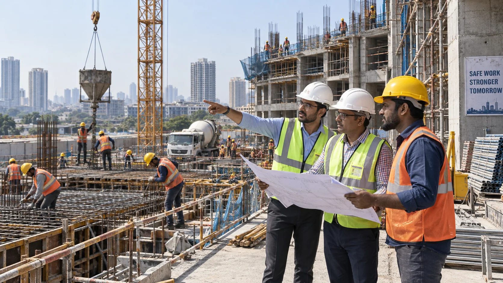 Construction team coordinating work across an active building site