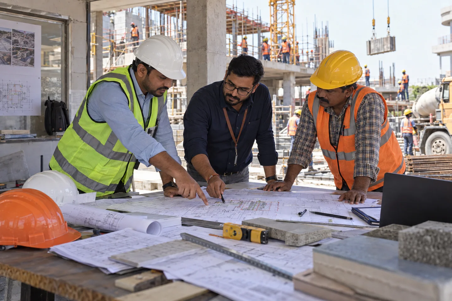 Construction project team reviewing site plans together